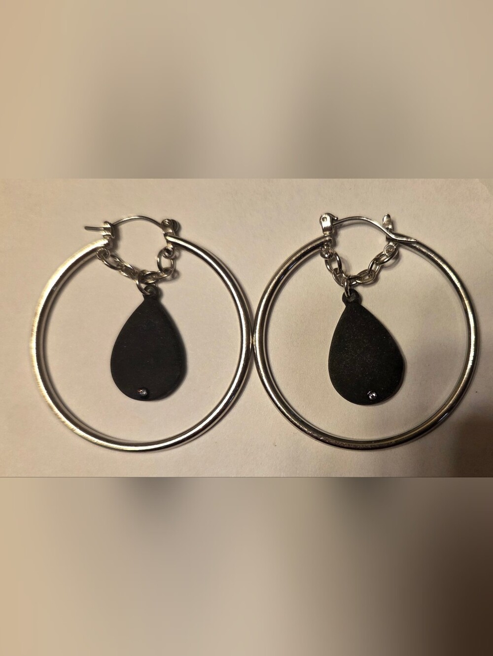 Silver Hoop Earrings with Black Stone Teardrops With Rhinestone